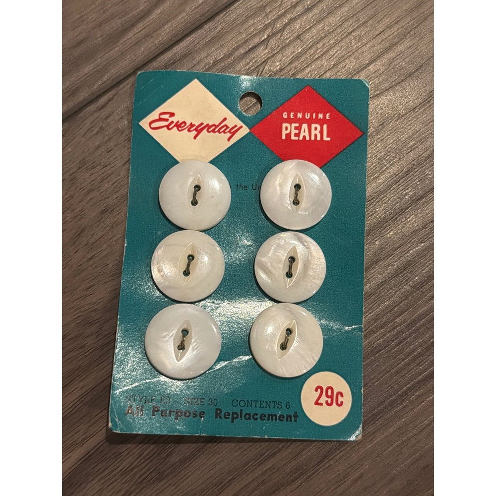 Vintage New on Card White Flat Genuine Pearl Buttons NOS 6 Style E3 Size 30